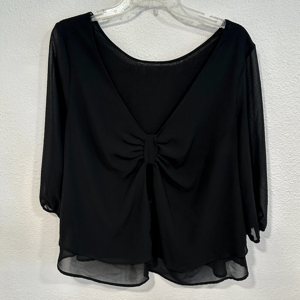 Jella C. Layered Black Top Keyhole V-Neck Back 3/4 Sleeve Made in USA Womens Med